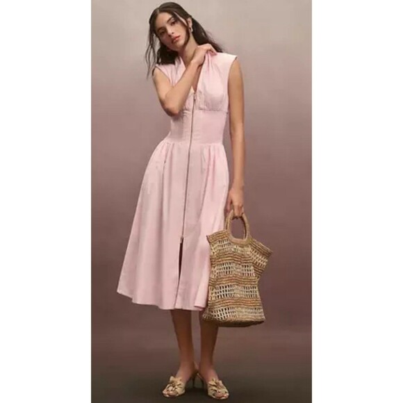 Anthropologie Shirt Dress Pink Tommie Smocked Front Zip Preppy Retro Size XL NWT Anthropologie Shirt Dress Pink Tommie Smocked Front Zip Preppy Retro Size XL NWT